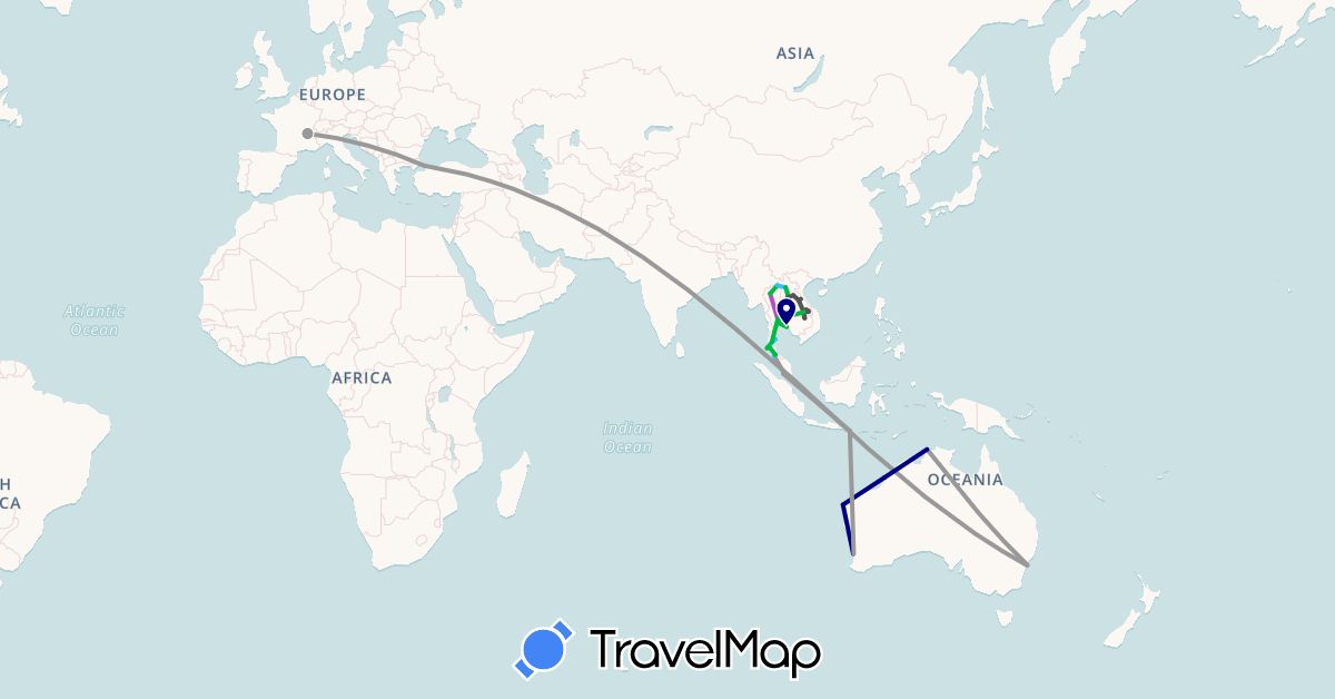 TravelMap itinerary: driving, bus, plane, train, boat, motorbike in Australia, France, Indonesia, Cambodia, Laos, Malaysia, Singapore, Thailand, Turkey (Asia, Europe, Oceania)